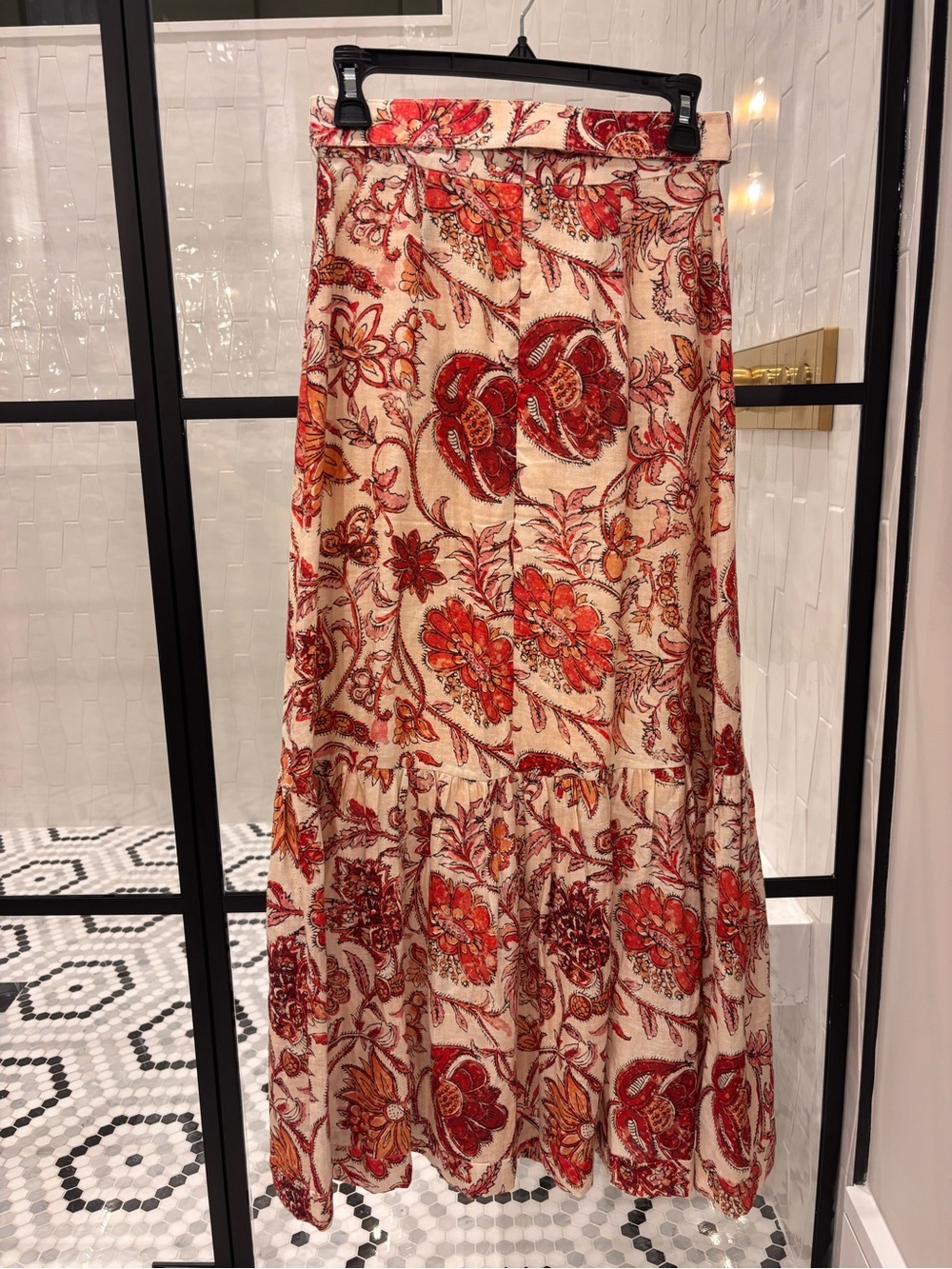 Zimmermann Cream Belted Maxi Skirt with Red & Orange Floral Print - Picture 2 of 4